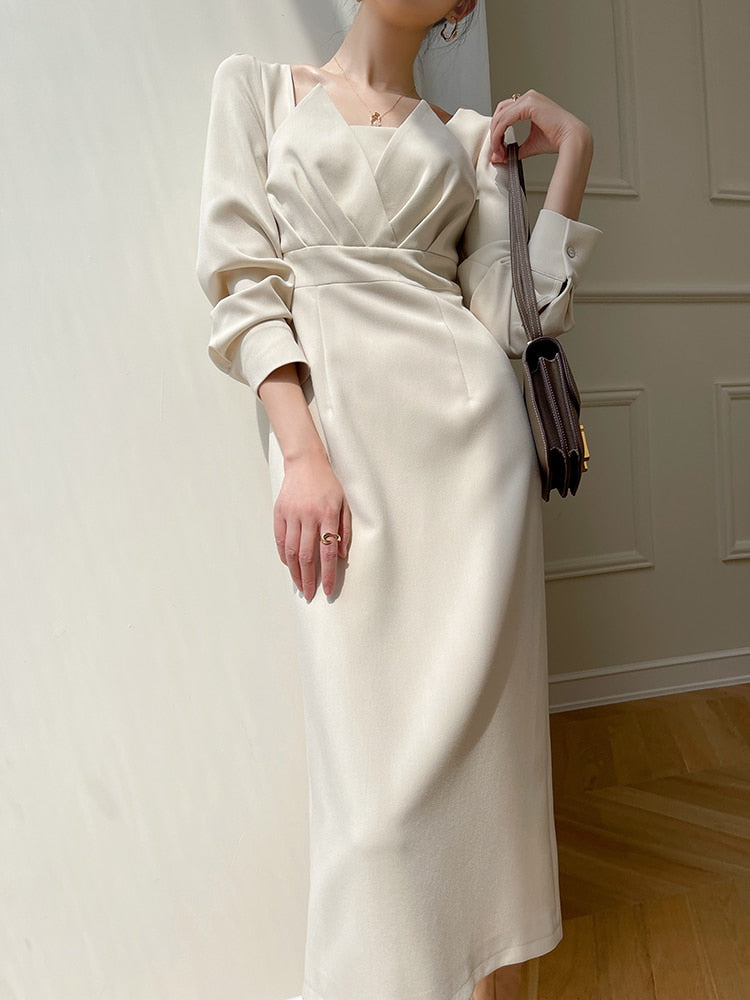 Satin Square Neck Long Sleeve Wrap Midi Dress