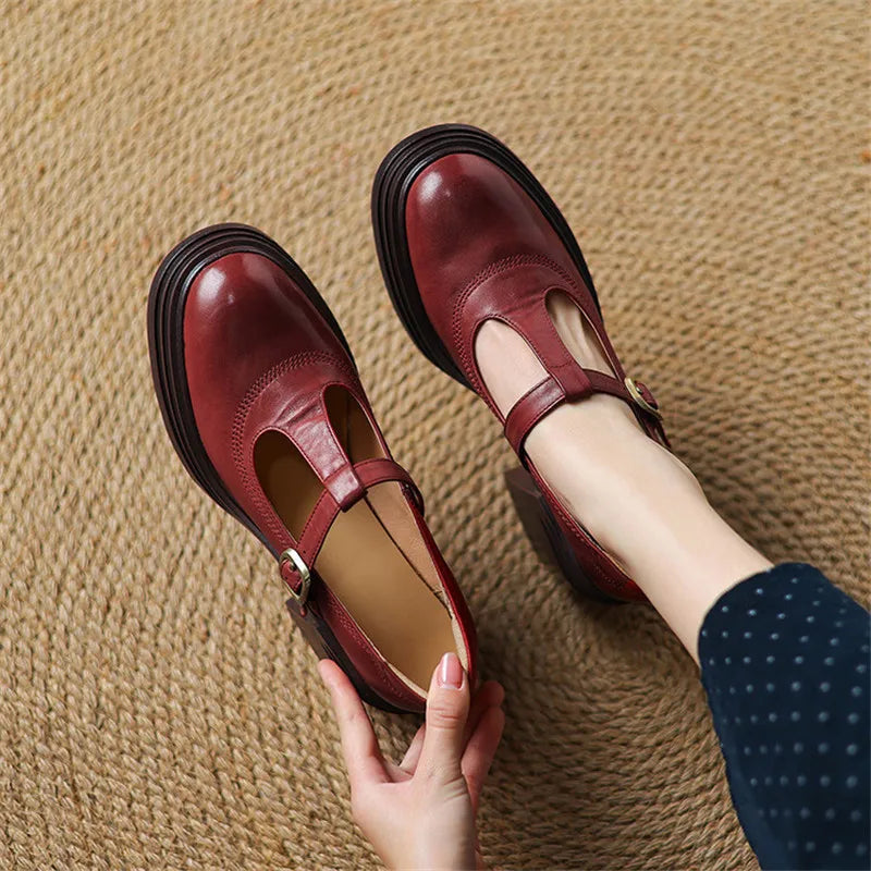 T Strap Buckle Round Toe Block Heel Mary Jane Shoes