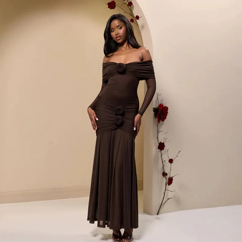 Off Shoulder Long Sleeve Rosette Mermaid Gown