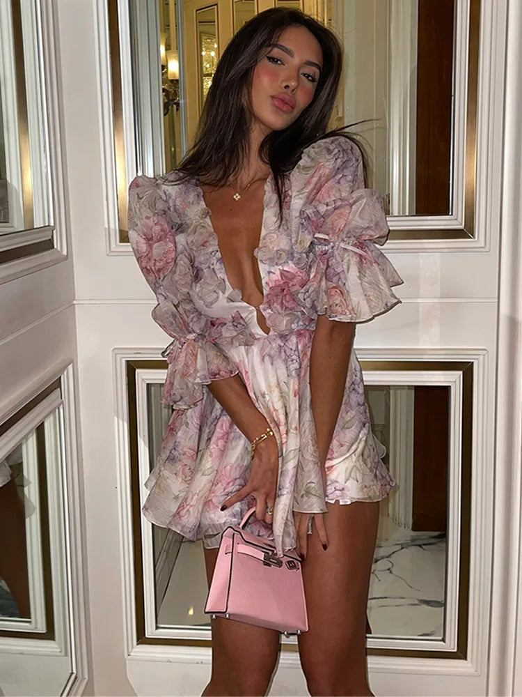 Floral Print Deep V-Neck Puff Sleeve Ruffle Fit and Flare Mini Dress