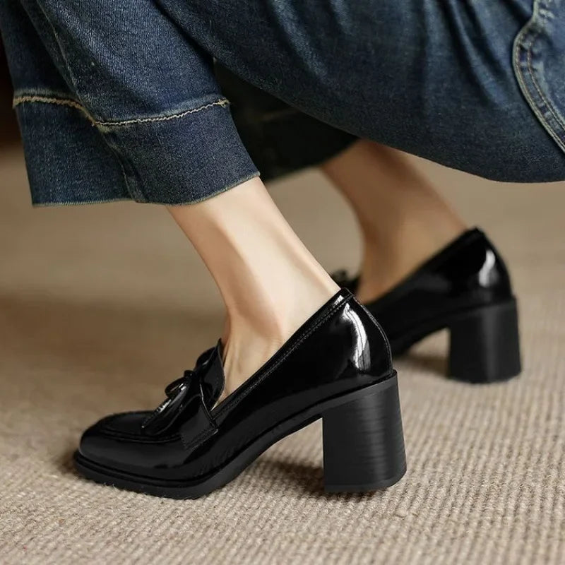 Square Toe Tassel Block Heel Loafer Pumps