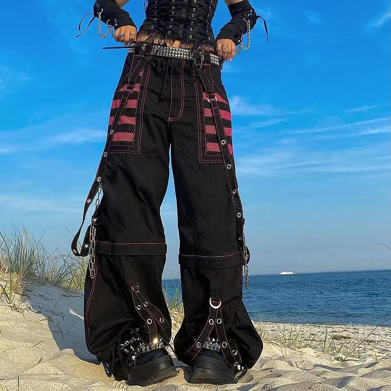 Mojoyce Dark Academia Jogging Femme Oversize Chain Bandage Trousers Streetwear 90S Y2K Gothic Cargo Pants Woman Wide Leg Pants Punk