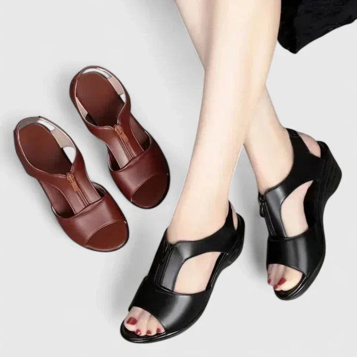 Open Toe T-Strap Zip Wedge Sandals