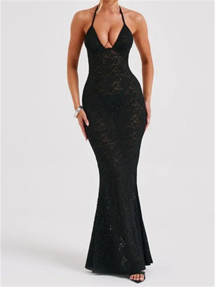 Off-the-Shoulder Halter-Neck Deep V-Neck Lace Sheer Mesh Dress