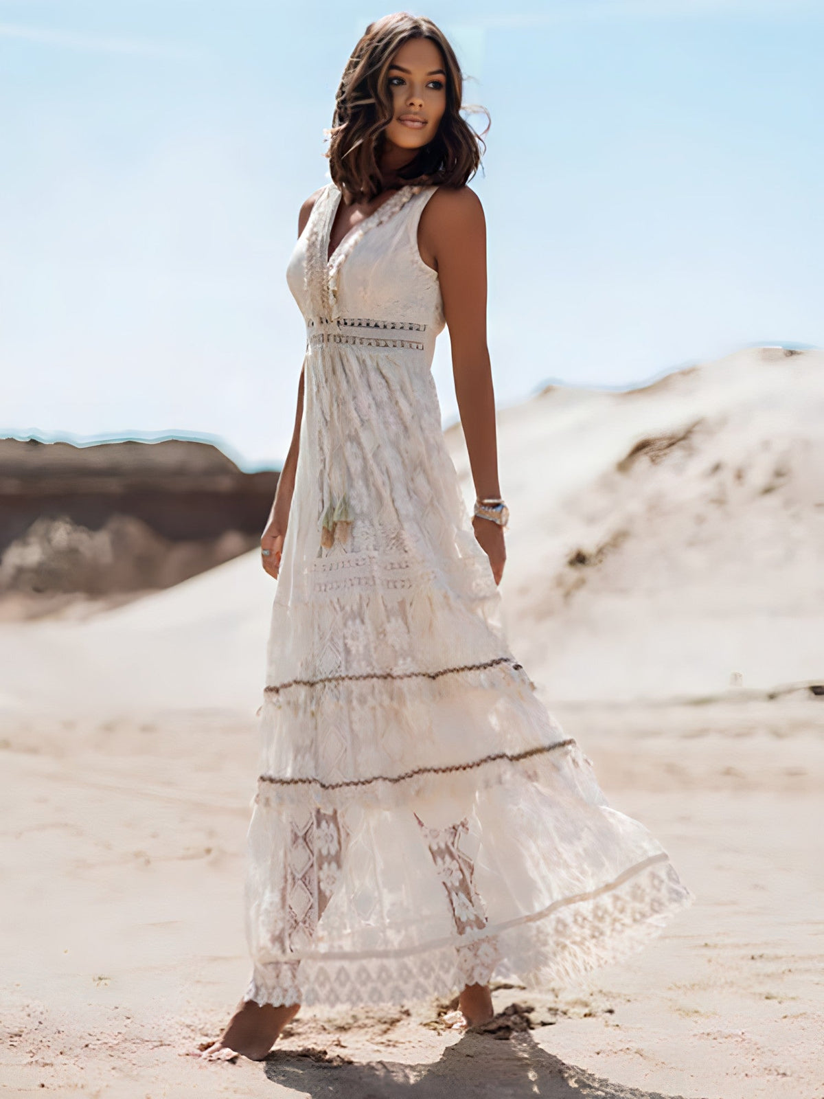 Lace Crochet Empire Waist V-Neck High Split Tiered Maxi Dress - View 2