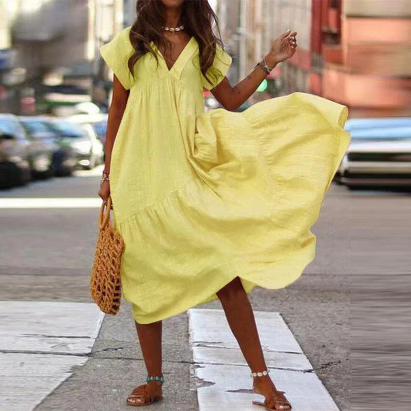 Cotton Linen Oversize Loose Vneck Boho Dress