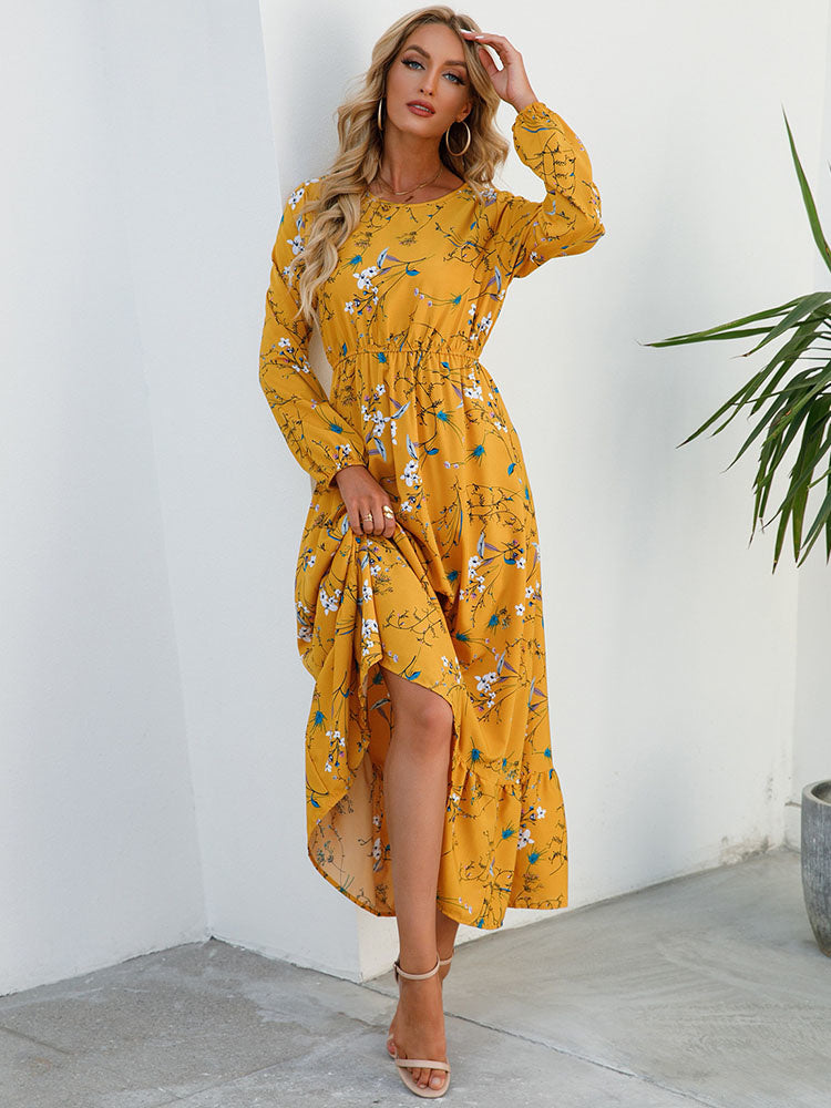 Floral Print Round Neck Long Sleeve Elastic Waist Ruffle Hem Maxi Dress 4