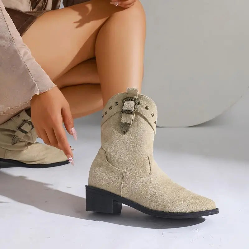 Suede Look Studded Buckle Western Block Heel Ankle Boots