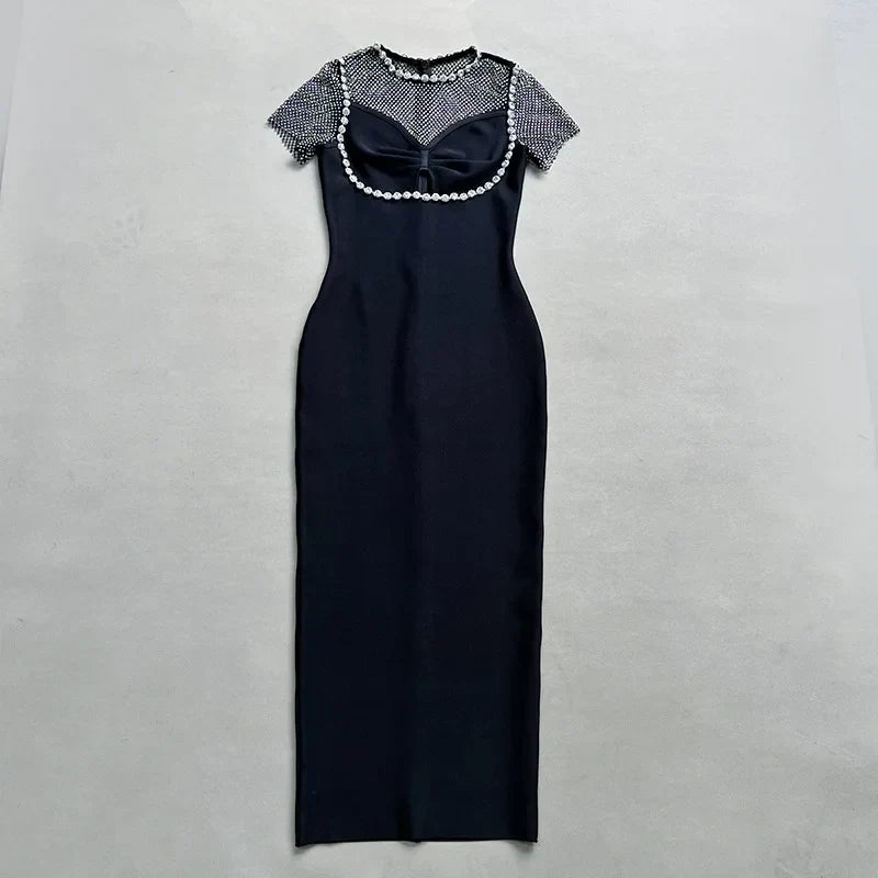 Rhinestone Mesh Crew Neck Short Sleeve Cut Out Bodycon Midi Dress