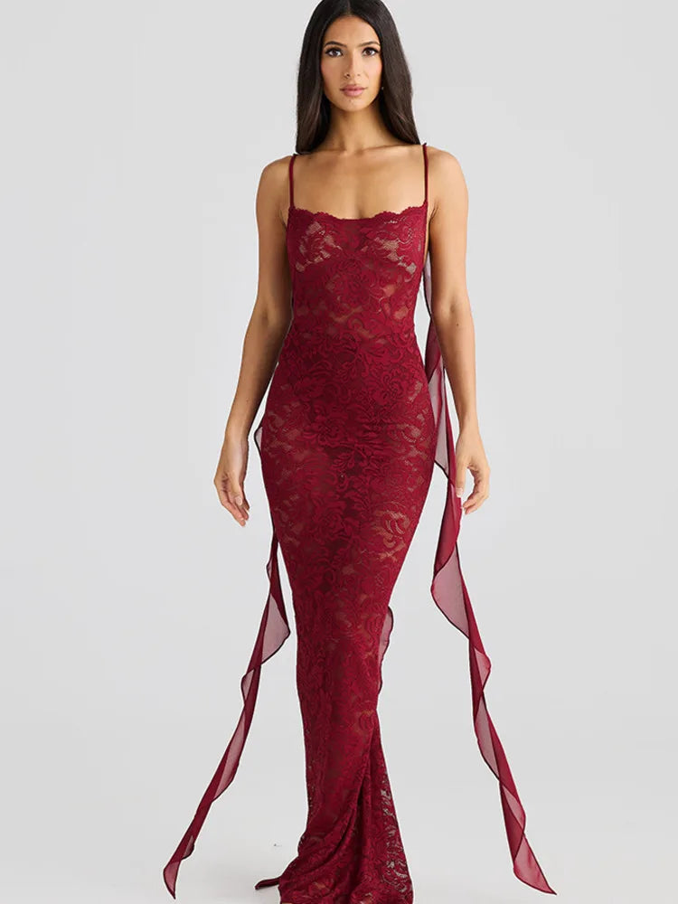 Floral Lace Backless Open Back Rosette Draped Train Maxi Gown