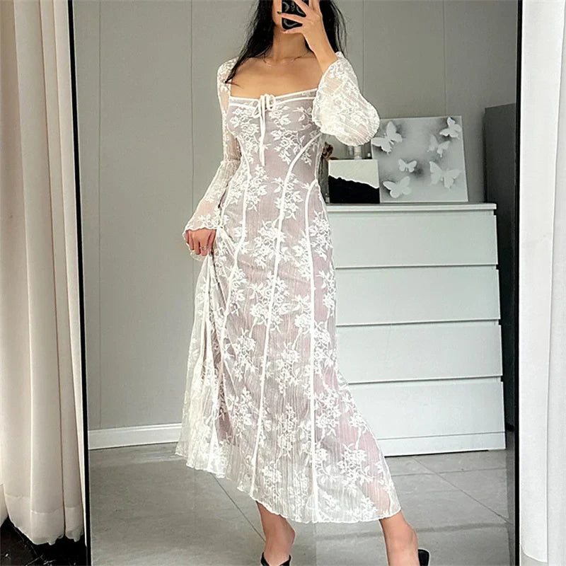 Lace Flared Sleeve A-Line Midi Dress - View 3