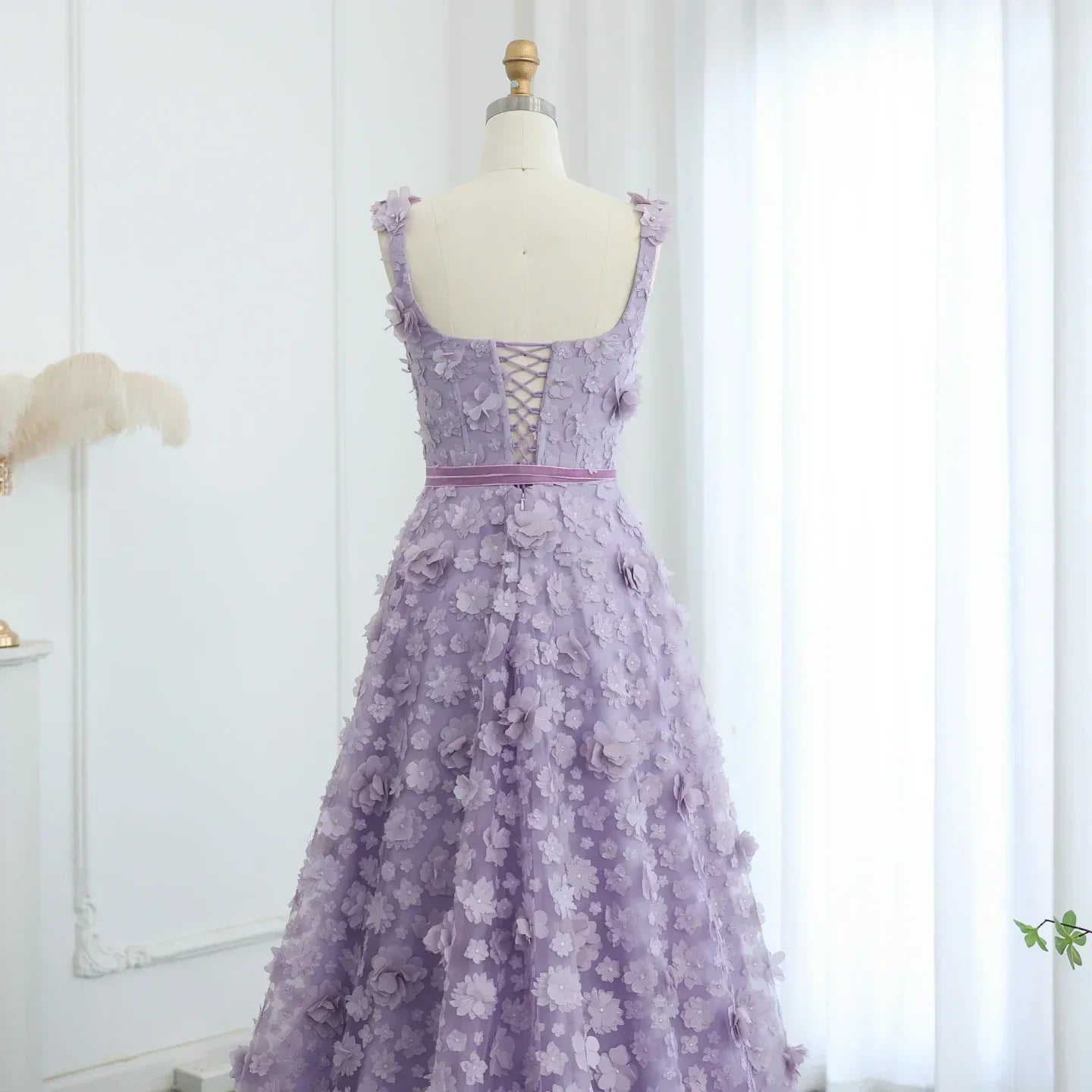 3D Floral Applique Square Neck High Split Tulle A-Line Gown