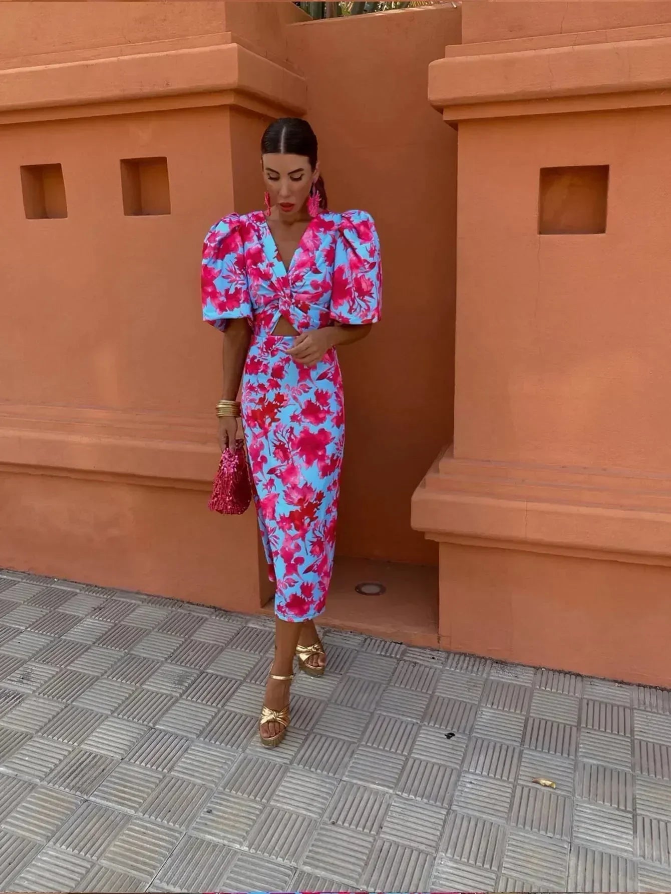 Loren - Vibrant Blue & Pink Puff Sleeve Dress Pink