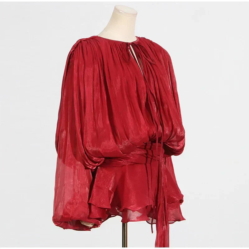 Pleated Chiffon Tie Neck Lantern Sleeve Sash Waist Ruffle Mini Dress 9