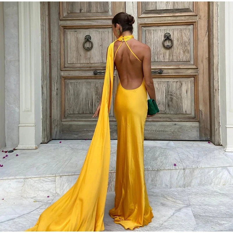 Yellow Satin Backless Lace - Up Off - Shoulder Maxi Dress