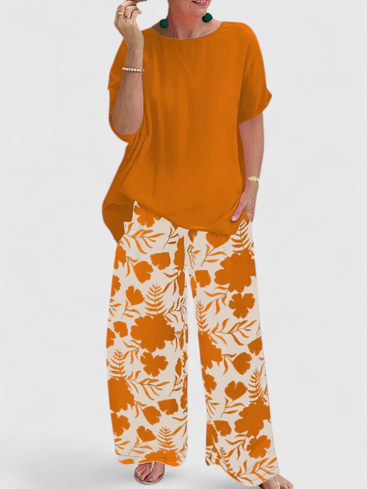 Round Neck Short Sleeve Top and Floral Print Wide Leg Pants Two Piece Set