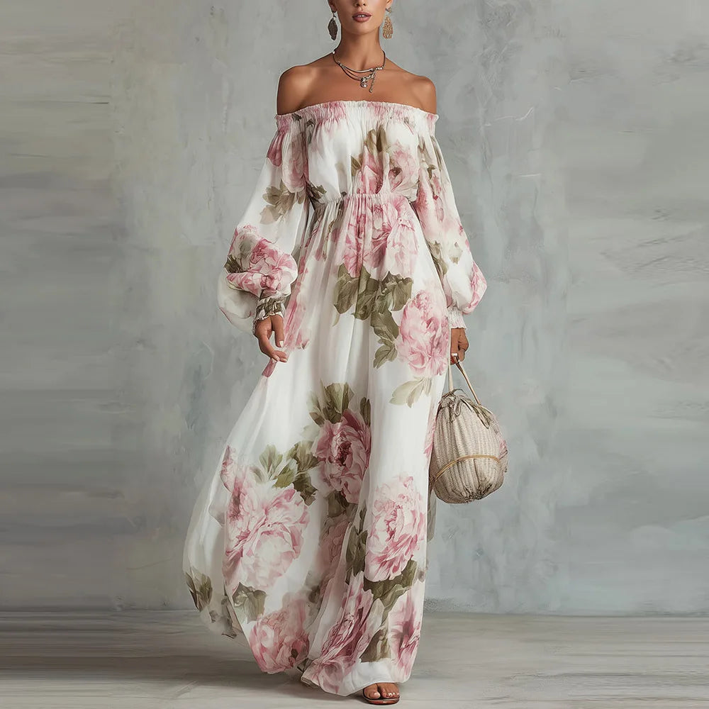Floral Off Shoulder Puff Sleeve Maxi Dress