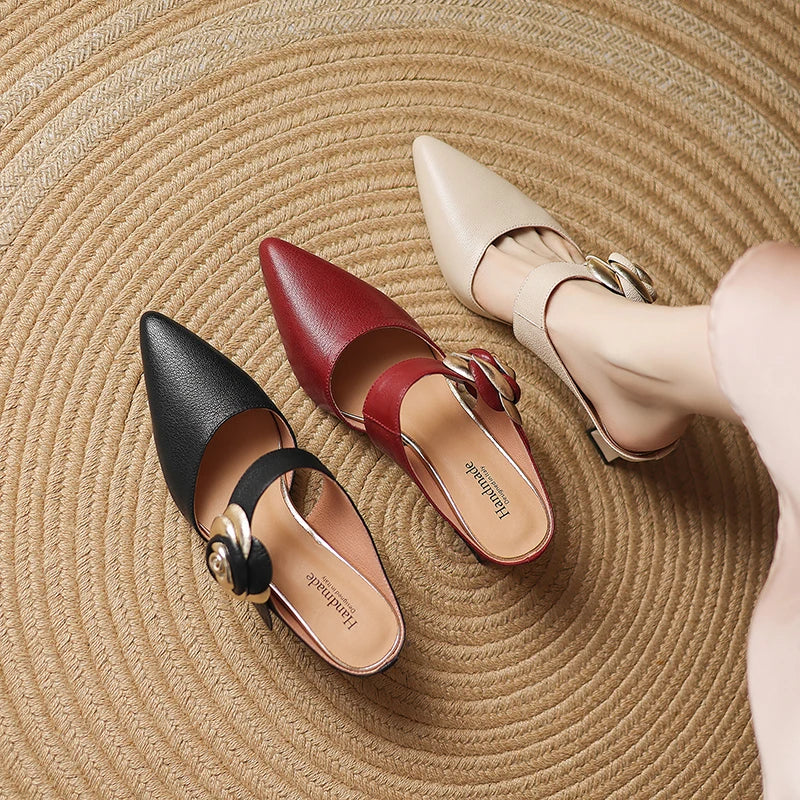 Pointed Toe Flower Buckle Block Heel Mules
