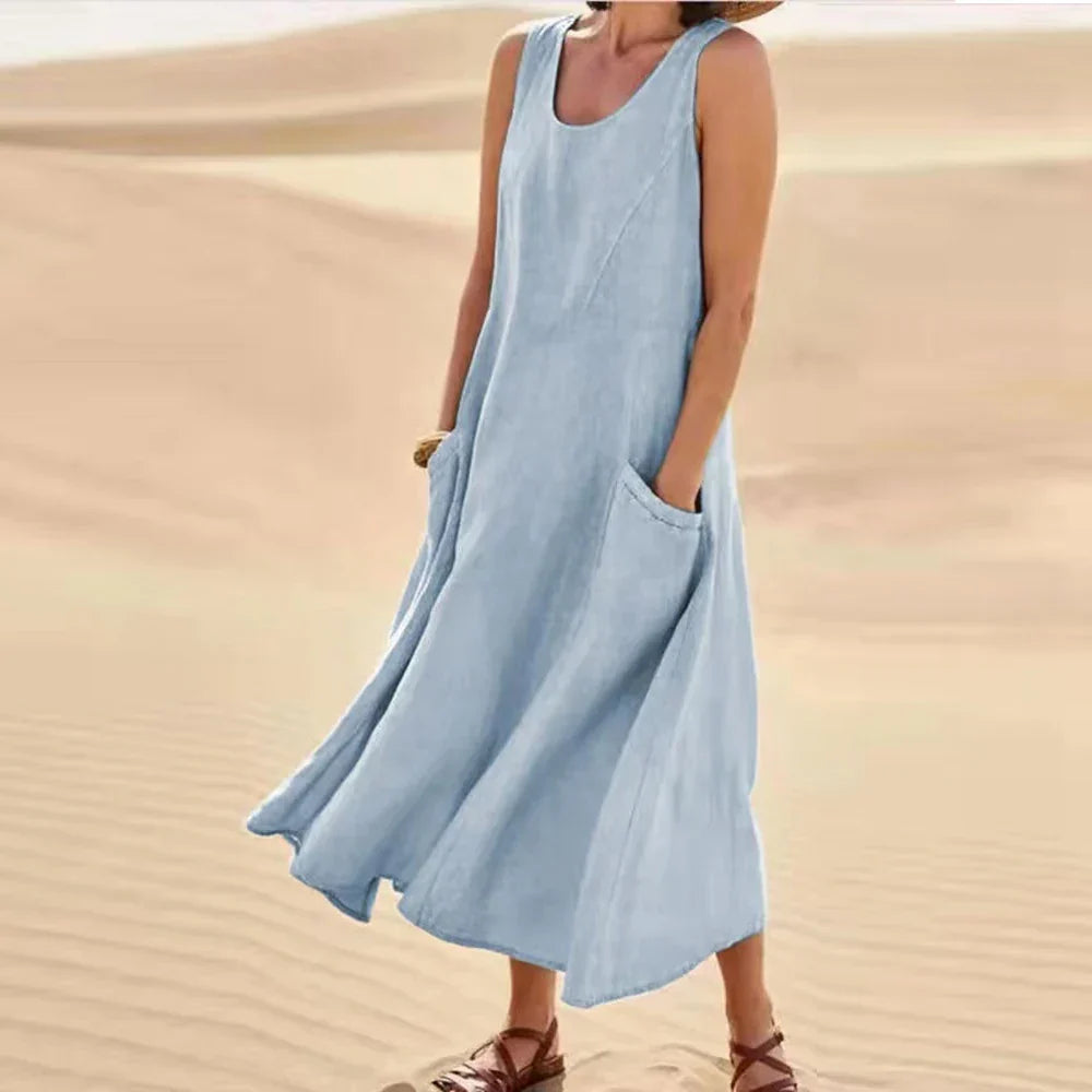Brianna Boutique Women's Long Summer Dress in Cotton Linen with Pockets Premium Wardrobe Essential