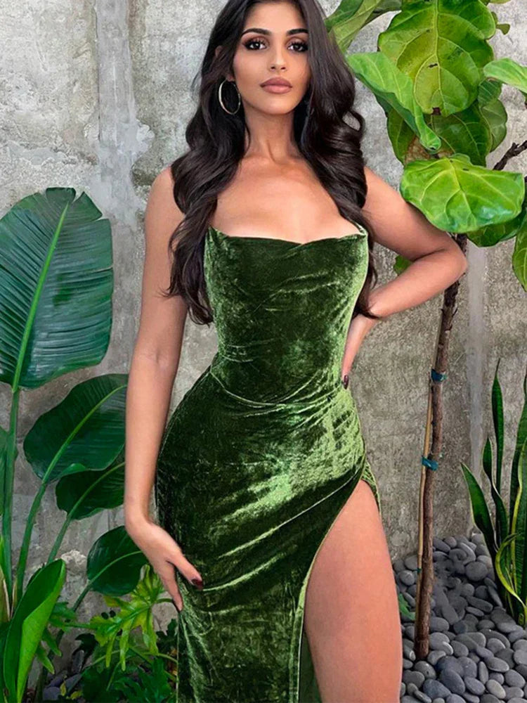 Green Velvet Strap Side Slit Backless Slip Dress - View 3