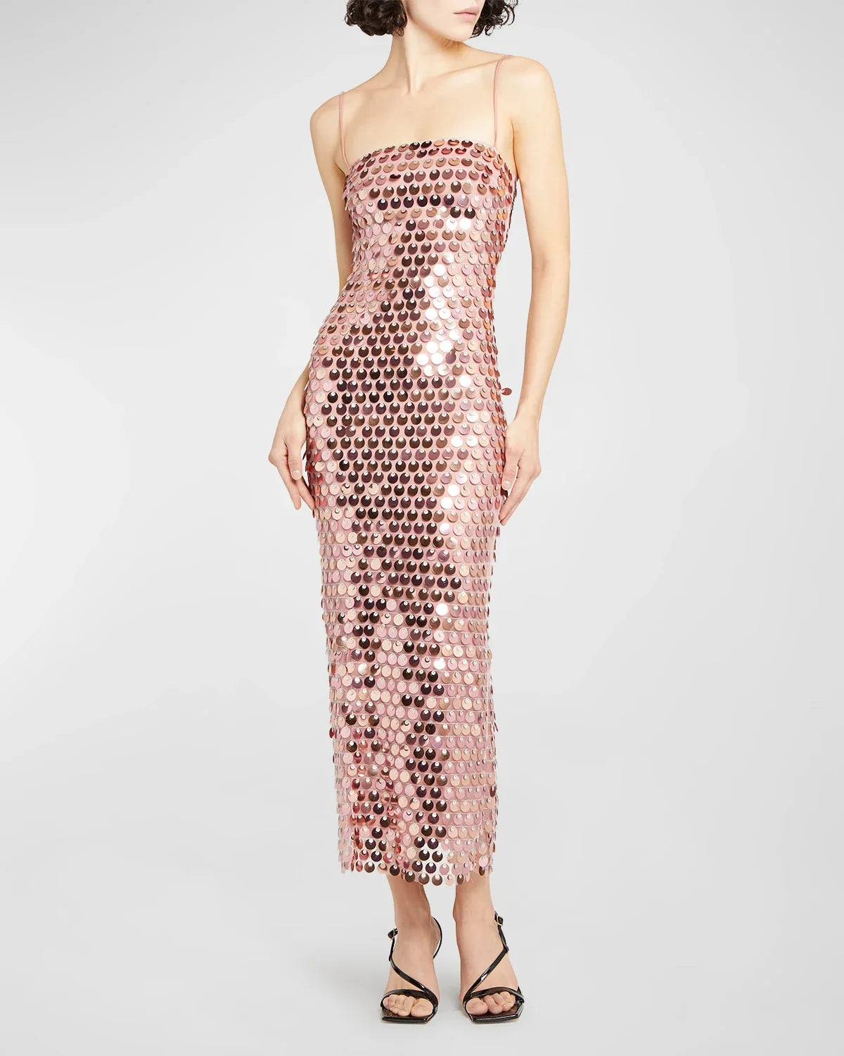 Paillette Sequin Square Neck Spaghetti Strap Bodycon Midi Dress