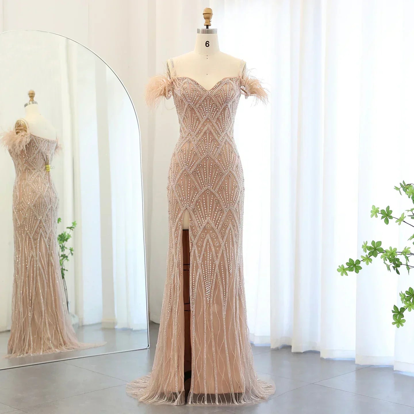 Sequin Off Shoulder Feather Trim Mermaid Maxi Gown