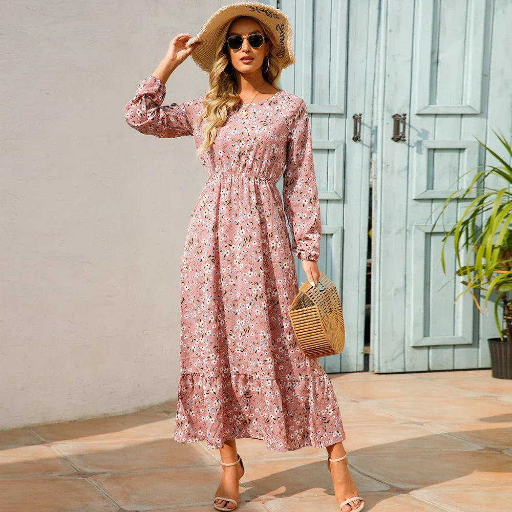 Floral Long Sleeve Tiered Ruffle Boho Maxi Dress