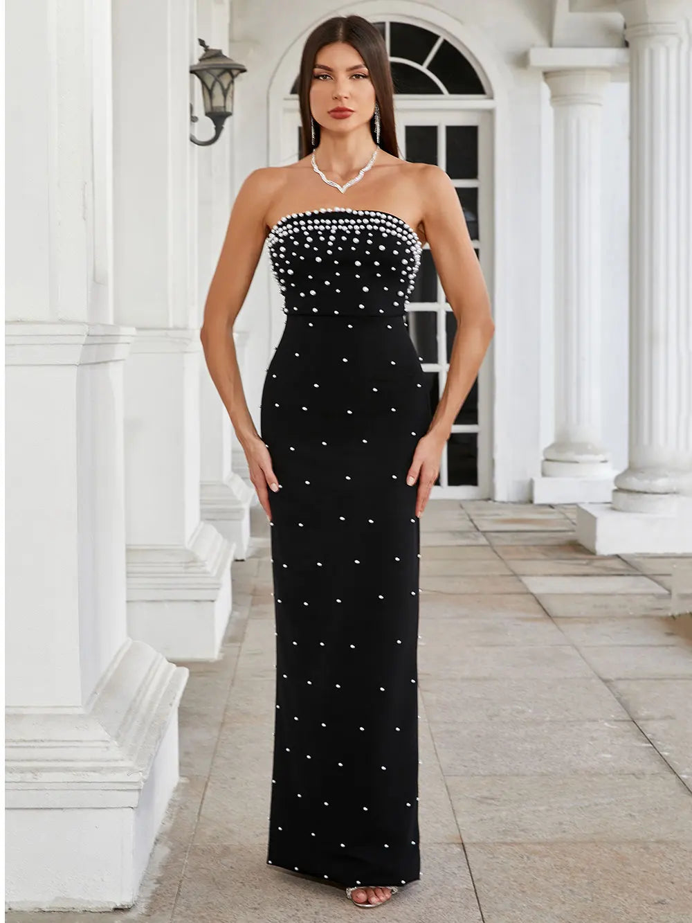 Pearl Embellished Strapless Tube Bodice Bodycon Maxi Gown