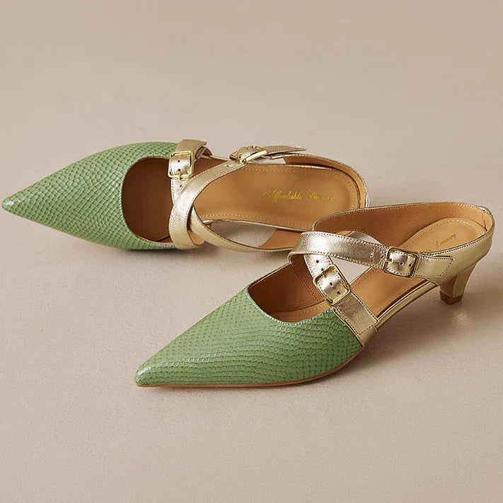 Pointed Toe Cross Ankle Strap Buckle Slingback Heels
