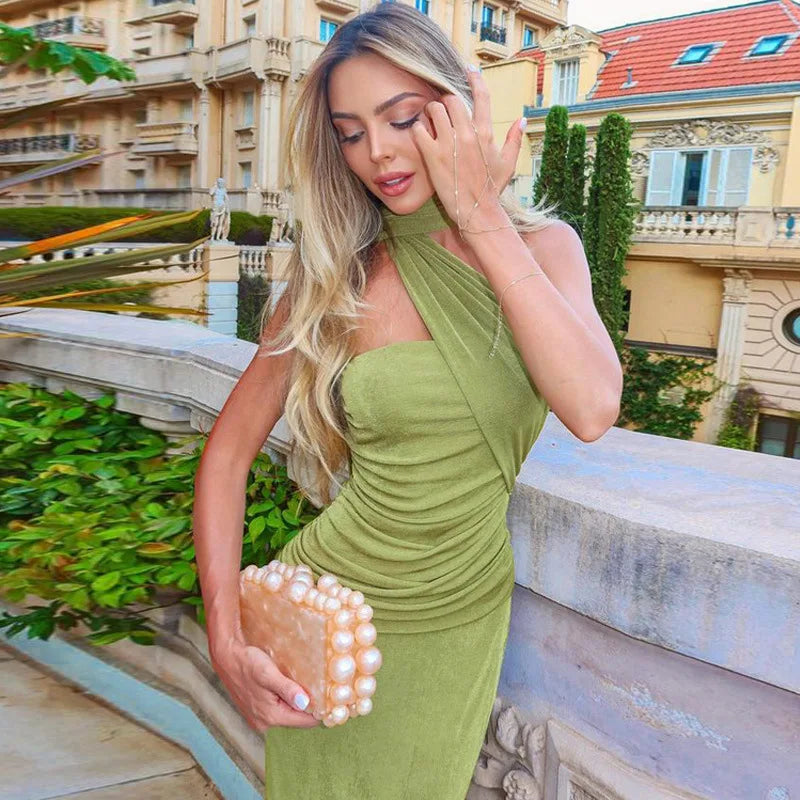Halter Green Off - shoulder Backless Long Dress