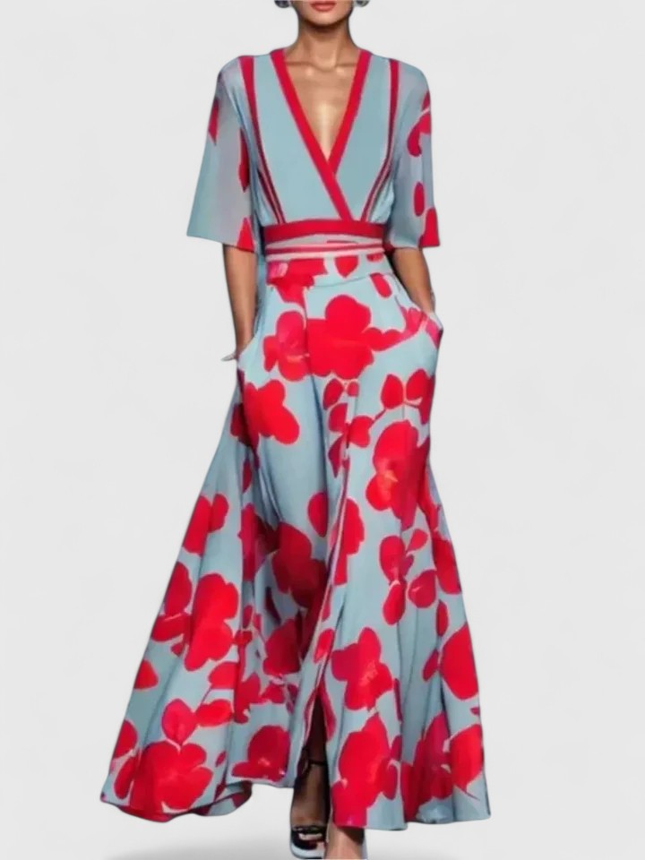 Floral Flutter Sleeve Wrap Top and Maxi Skirt Two Piece Set