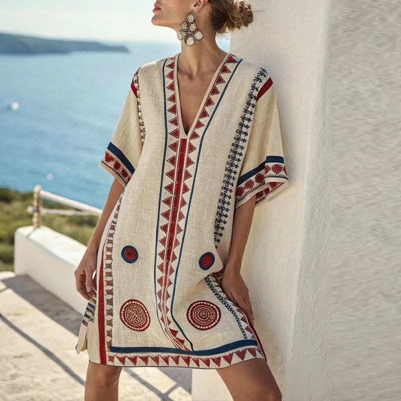 Aztec Print V-Neck Short Sleeve Kaftan Beach Cover Up