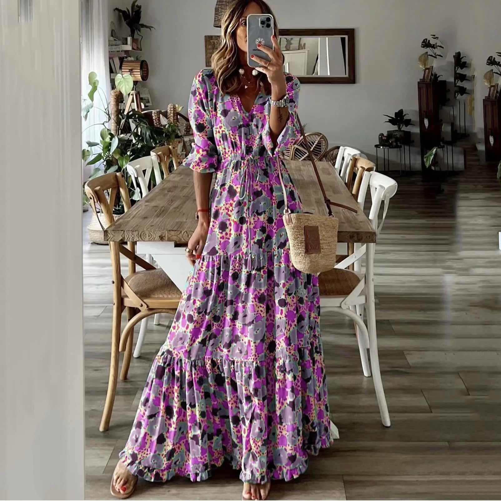Printed Lace Up Swing Maxi Dress - View 6
