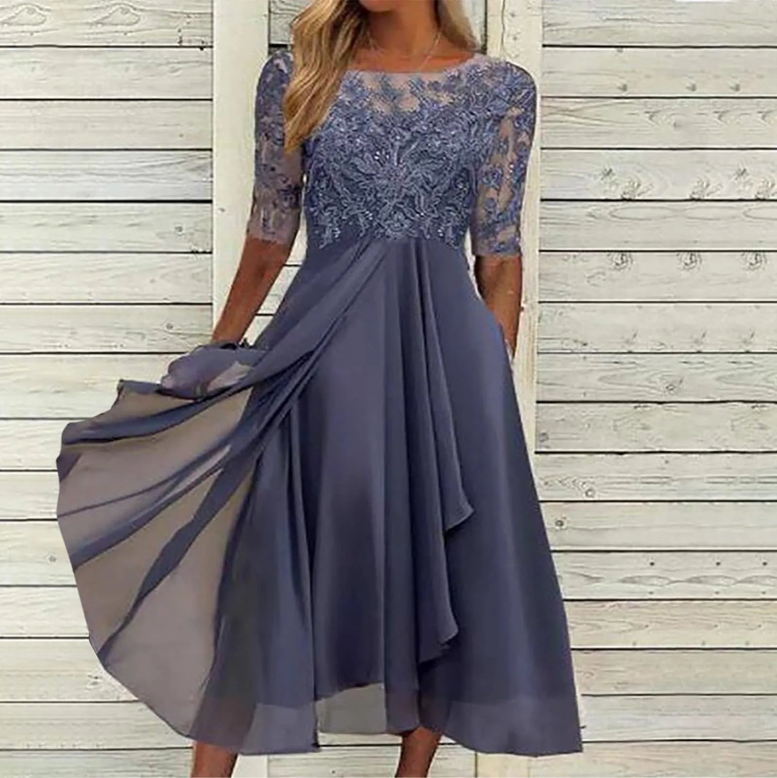 Lace Bodice Sheer Yoke Elbow Sleeve Pocket Pleated Chiffon Midi Dress