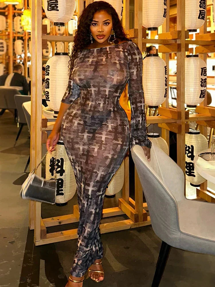 Sheer Mesh Abstract Print Long Sleeve Bodycon Maxi Dress