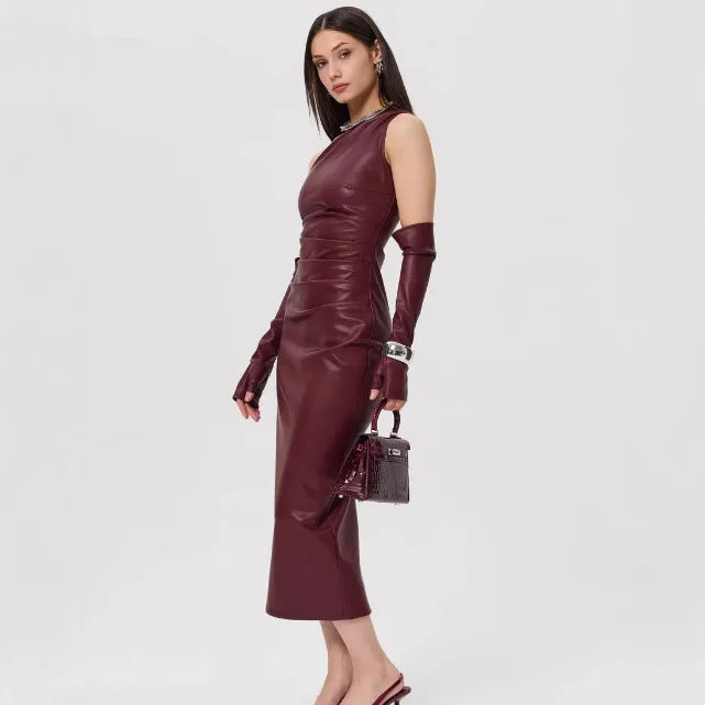 Off - Shoulder Strapless Faux Leather Patchwork Dress