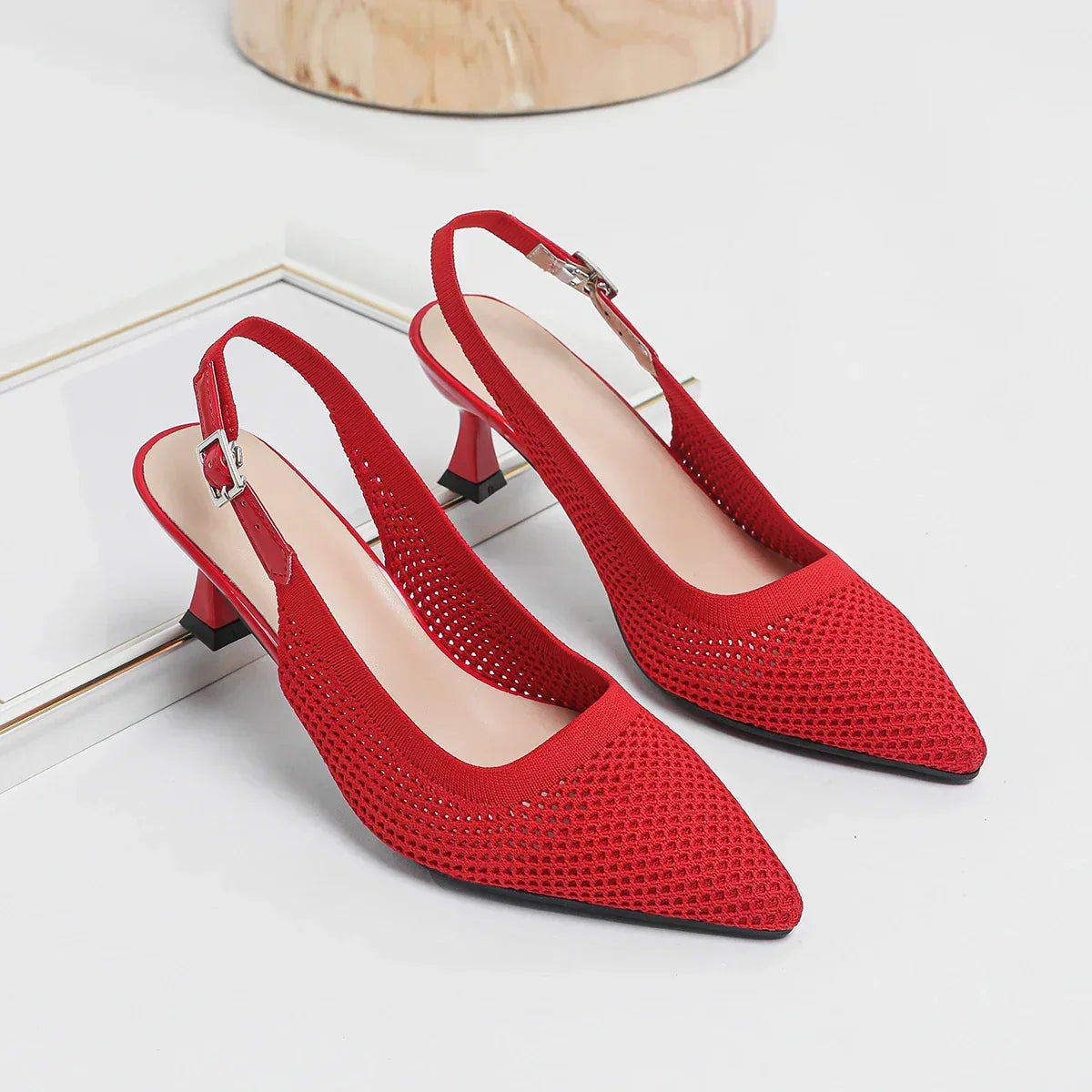 Pointed Toe Slingback Mesh Kitten Heel Pumps