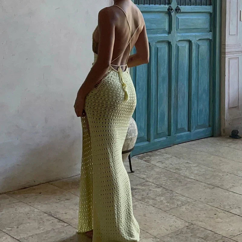 Crochet Knit Spaghetti Strap Scoop Neck Bodycon Maxi Dress