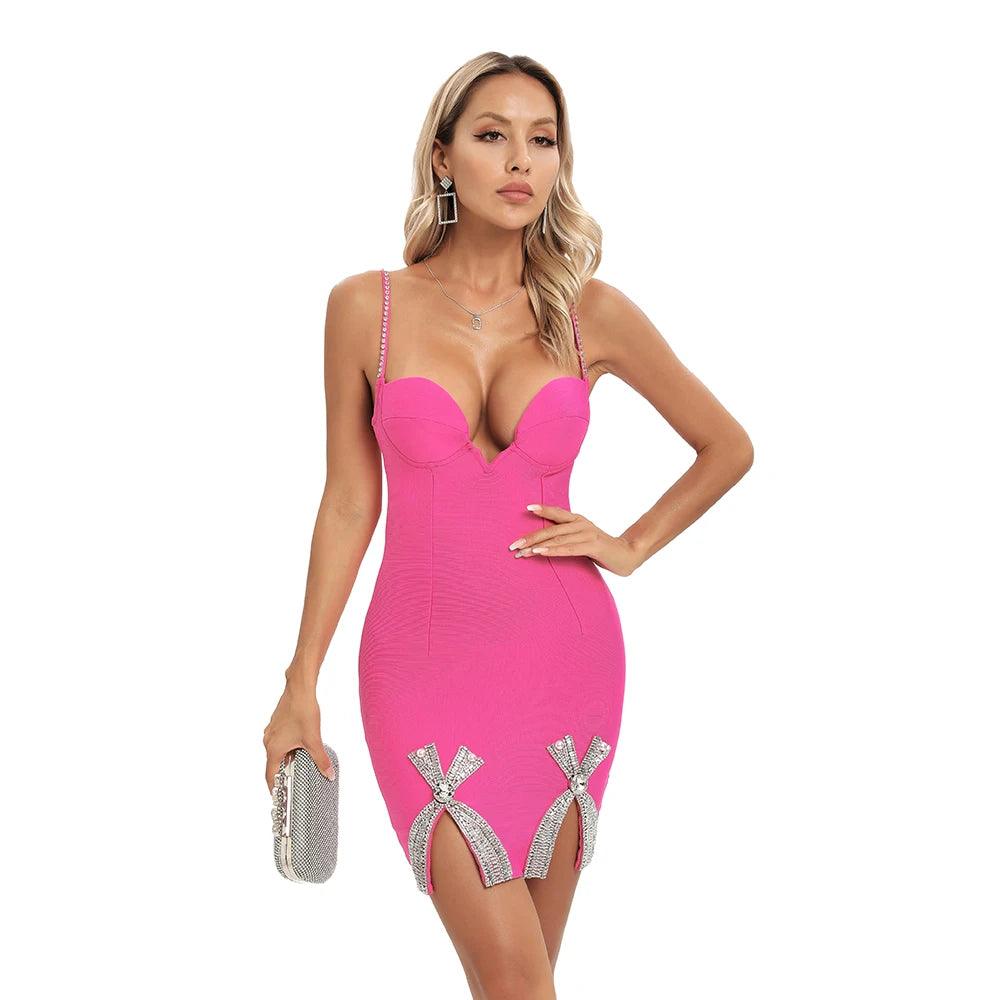 Rhinestone Strap Sweetheart Neck Pearl Bow Dual High Split Mini Dress