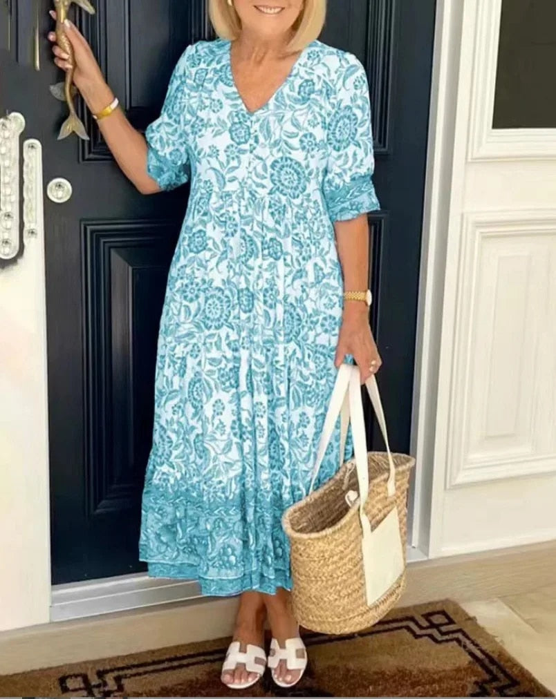 Border Floral V-Neck Short Sleeve Tiered Midi Dress 5