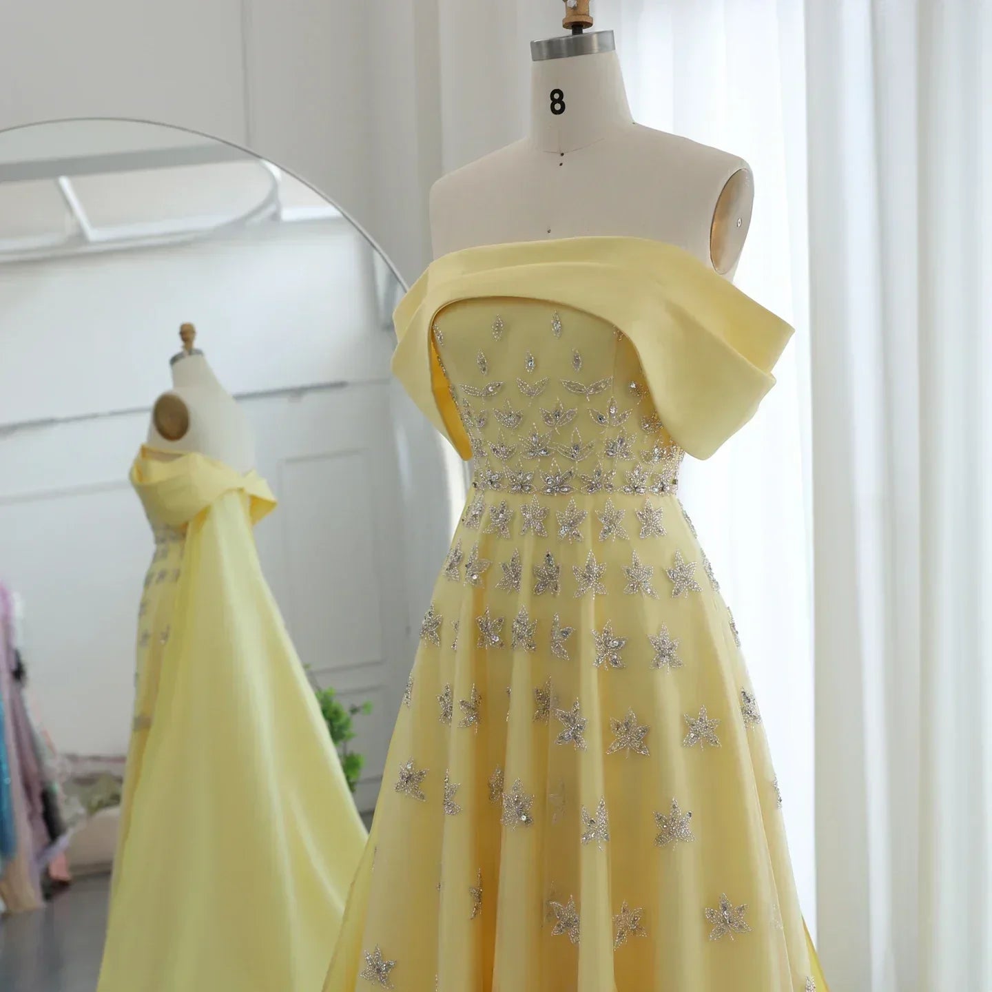 Off Shoulder Rhinestone Floral Beaded Tulle Cape Train A-Line Maxi Gown