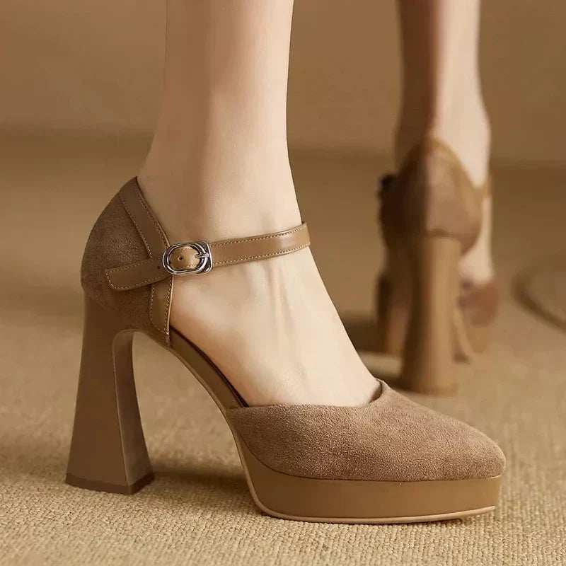 Suede Look Ankle Strap Platform Block Heel Pumps