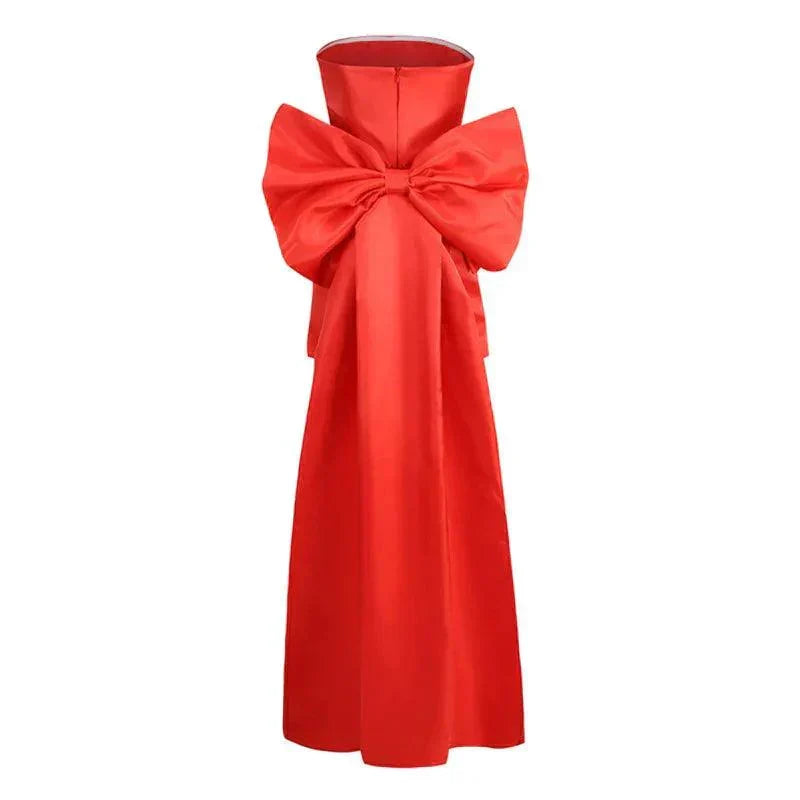 Strapless Satin Ruched Oversized Back Bow Train Mini Dress 16