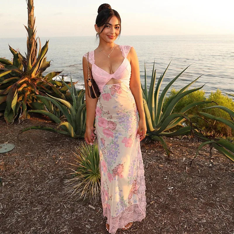 Lace V-Neck Cut Out Floral Lace Trim Maxi Dress
