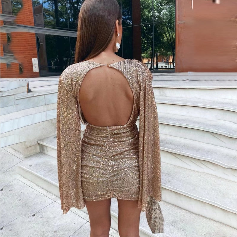 Sequin Deep V-Neck Cape Sleeve Bodycon Mini Party Dress
