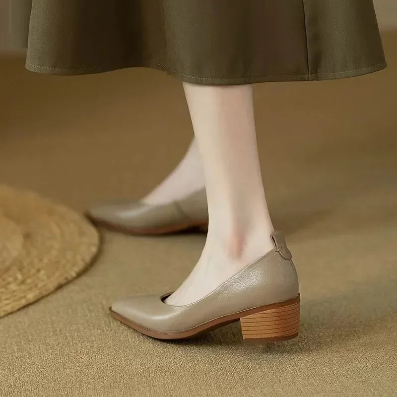 Pointed Toe Block Heel Slip On Pumps