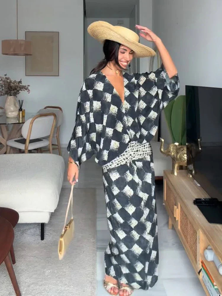 Checkerboard Print Kimono Sleeve Top and Wide Leg Pants Two Piece Set