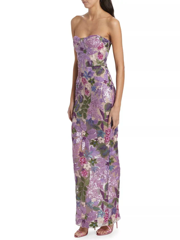 Floral Sequin Strapless Bustier Column Maxi Dress