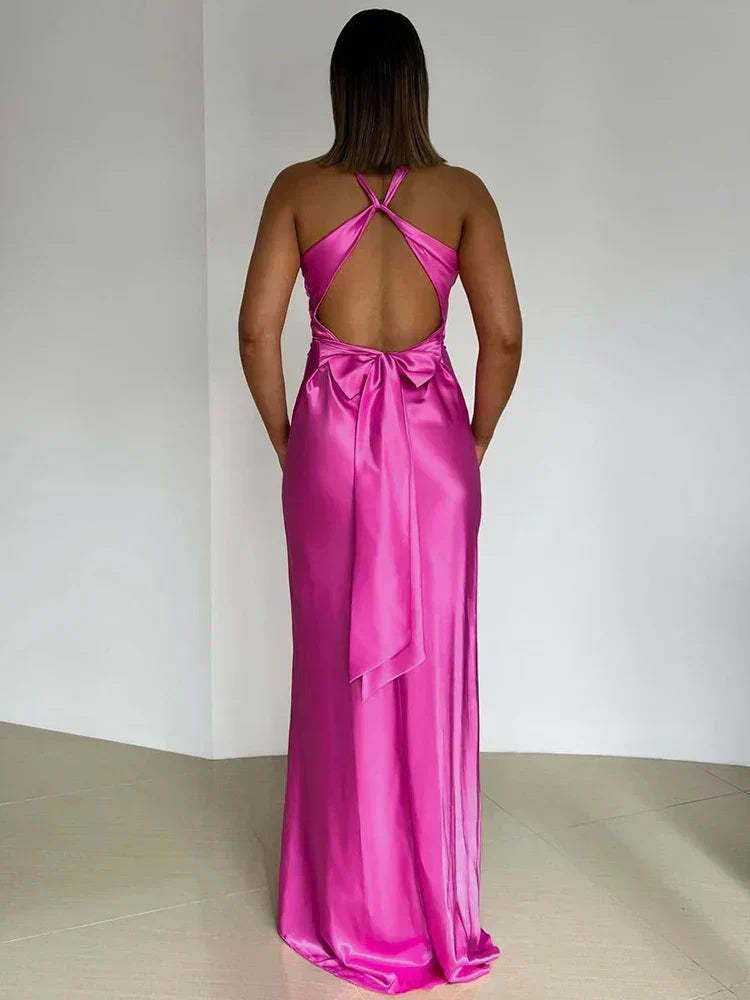 Satin Deep V-Neck Halter Twist Front Sleeveless Maxi Dress 5
