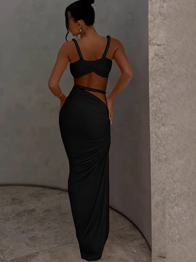 Orange Ruched Bandage Maxi Two Piece Skirt Set